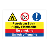 MU148 Petroleum Spirit Highly Flammable No Smoking Switch Off Engine Sign with Exclamation Mark Circle Cigarette Fire