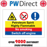 MU148 Petroleum Spirit Highly Flammable No Smoking Switch Off Engine Sign with Exclamation Mark Circle Cigarette Fire