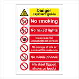 MU186 Danger Explosive Gases No Smoking No Naked Light No Access For Unauthorised Person Sign with 6 Circles Triangle Cigarette Hand Match Phone