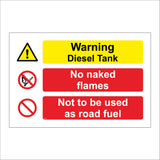 MU190 Warning Diesel Tank No Naked Flames Not To Be Used As Road Fuel Sign with Triangle Exclamation Mark 2 Circles Match