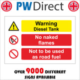 MU190 Warning Diesel Tank No Naked Flames Not To Be Used As Road Fuel Sign with Triangle Exclamation Mark 2 Circles Match