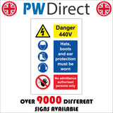 MU200 Danger 440V Hats, Boots And Ear Protection Must Be Worn No Admittance. Authorised Persons Only Sign with Triangle Lightning Bolt 4 Circles Hat Boots Face