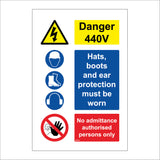 MU200 Danger 440V Hats, Boots And Ear Protection Must Be Worn No Admittance. Authorised Persons Only Sign with Triangle Lightning Bolt 4 Circles Hat Boots Face