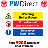 MU203 Warning Boiler Room No Unauthorised Persons In  This area Door To Be Kept Locked Sign with Triangle 2 Exclamation Marks 2 Circles Hand