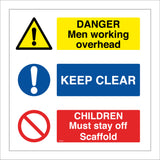 MU229 Danger Men Working Overhead Keep Clear Children Must Stay Off Scaffold Sign with 2 Exclamation Marks Diagonal Red Line