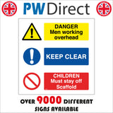 MU229 Danger Men Working Overhead Keep Clear Children Must Stay Off Scaffold Sign with 2 Exclamation Marks Diagonal Red Line