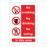 PR127 No Smoking, No Drinking,No Eating In This Area Sign with Circle Cigarette Drink Knife And Fork