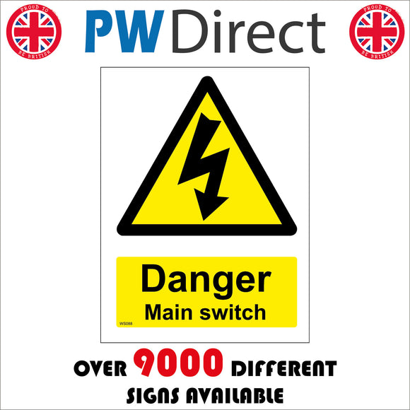 WS088 Danger Main Switch Sign with Triangle Lightning Arrow