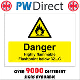 WS118 Danger Highly Flammable Flashpoint Below 32..C Sign with Triangle Fire