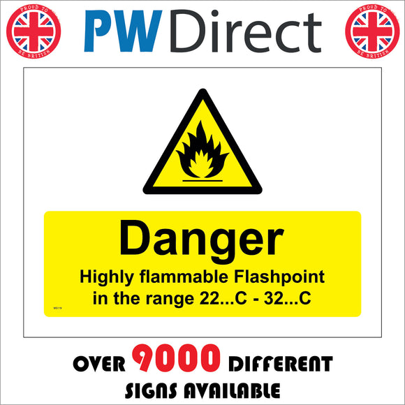 WS119 Danger Highly Flammable Flashpoint In The Range 22..C - 32..C Sign with Triangle Fire