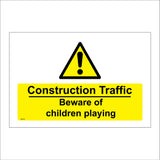 WS276 Construction Traffic Beware Of Children Playing Sign with Triangle Exclamation Mark