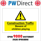 WS276 Construction Traffic Beware Of Children Playing Sign with Triangle Exclamation Mark