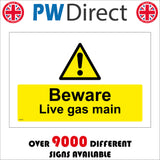 WS576 Beware Live Gas Main Sign with Triangle Exclamation Mark