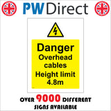 WS588 Danger Overhead Cables Height Limit 4.8M Sign with Triangle Lightning Arrow