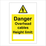 WS836 Danger Overhead Cables Height Limit: Sign with Triangle Lightning Bolt