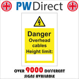 WS836 Danger Overhead Cables Height Limit: Sign with Triangle Lightning Bolt
