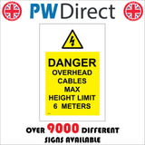 WS979 Danger Overhead Cables Max Height Limit 6 Meters Sign with Triangle Lightning Bolt