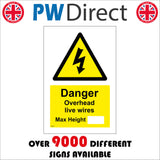 WT075 Danger Overhead Live Wires Max Height  Sign with Triangle Electricity Logo
