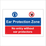 MU050 Ear Protection Zone No Entry Without Ear Protectors Sign with Circle Hand Head Headphones