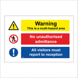 MU058 Warning This Is A Multi-Hazard Area No Unauthorised Admittance All Visitors Must Report To Reception Sign with Exclamation Mark Circle Triangle Person