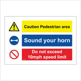 MU035 Caution Pedestrian Area Sound Your Horn Do Not Exceed 10Mph Speed Limit Sign with Triangle Exclamation Mark Horn Circle