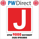 FI357 Letter J Character Alphabet White On Red Safety Warning