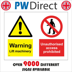 MU024 Warning Lift Machinery Unauthorised Access Prohibited Sign with Exclamation Mark Triangle Person Circle