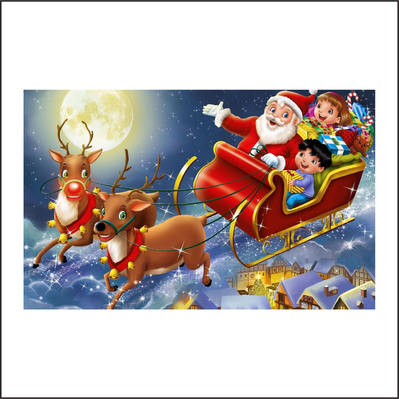 XM030 Christmas Cheer Sign with Santa Sleigh Reindeer Children Moon Snow