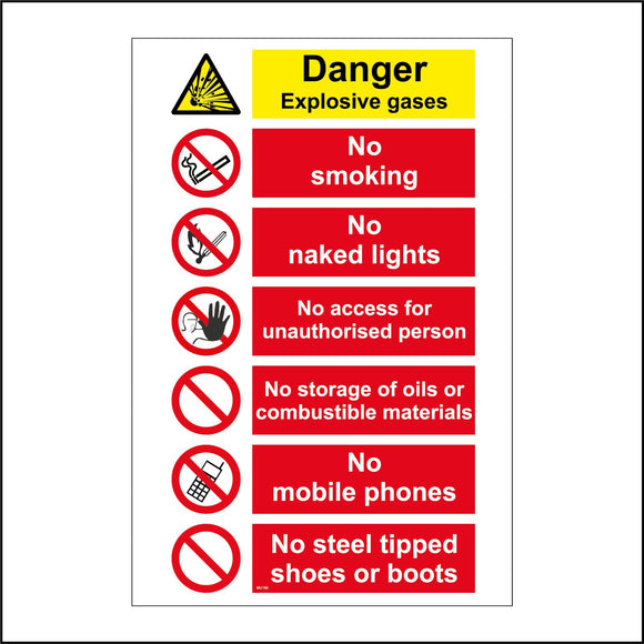 MU186 Danger Explosive Gases No Smoking No Naked Light No Access For Unauthorised Person Sign with 6 Circles Triangle Cigarette Hand Match Phone