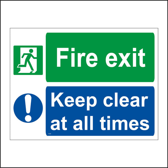 FS238 Fire Exit Keep Clear At All Times Sign with Door Man Circle Exclamation Mark