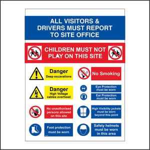 MU140 All Visitors & Driver Must Report To Site Office Sign with 8 Circles Children No Smoking Face Glasses