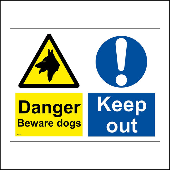 MU187 Danger Beware Dogs Keep Out Sign with Triangle Dog Circle Exclamation Mark