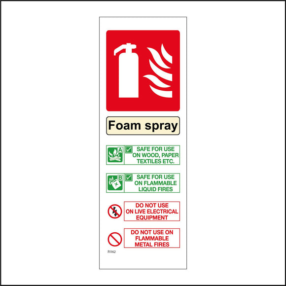 FI162 Foam Spray Safe For Use On Wood, Paper Textiles Etc. Safe For Use On Flammable Fires Sign with Fire Can Gas Lightning Bolt