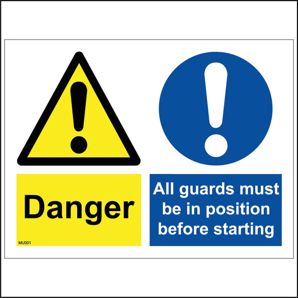 MU001 Danger All Guards Must Be In Position Before Starting Sign with Exclamation Mark Triangle