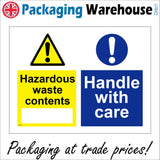 MU222 Hazardous Waste Contents Handle With Care Sign with Triangle Circle 2 Exclamation Marks