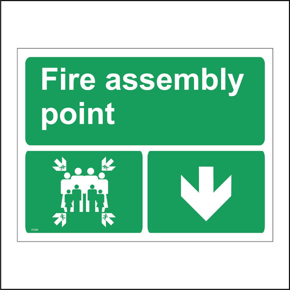 FS209 Fire Assembly Point Sign with Four Arrows Pointing To Group Of People Running