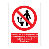 PR358 Please Can You Dispose Of All Sanitary Towels & Baby Wipes In Bins Sign with Circle Toilet Female