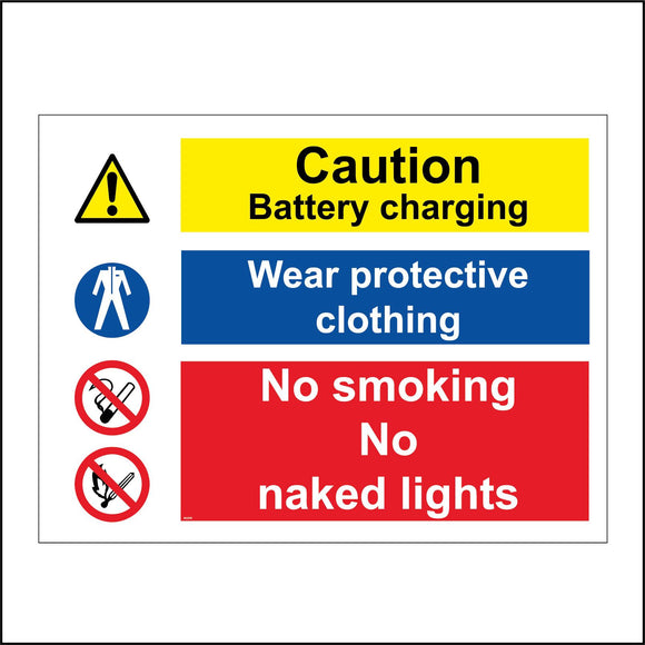 MU036 Caution Battery Charging Wear Protective Clothing No Smoking No Naked Lights Sign with Exclamation Mark Overalls Lit Match