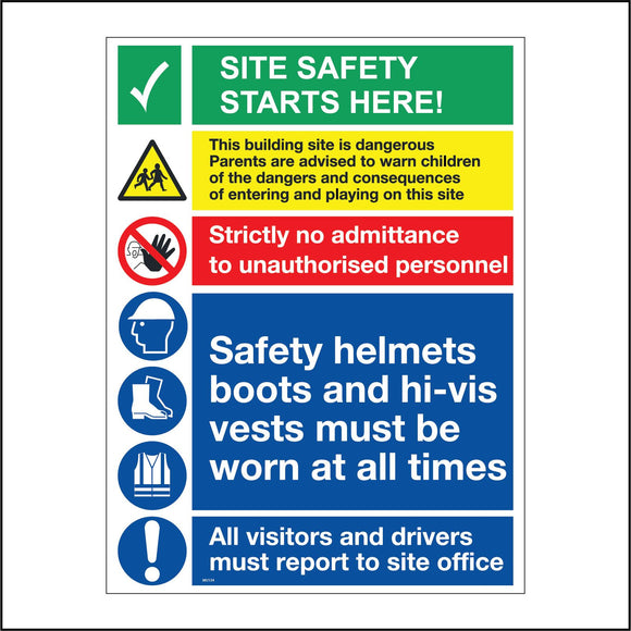 MU134 Site Safety Starts Here Sign with Tick Triangle Circle Person Hand Hard Hat Boots