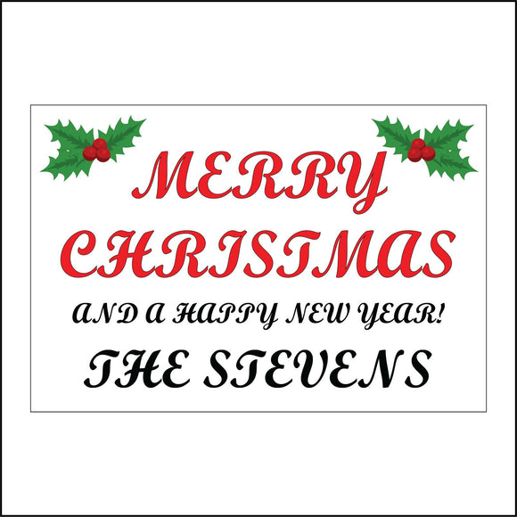 XM268 Merry Christmas Happy New Year Personalise Season Festive Sign with Holly Berries