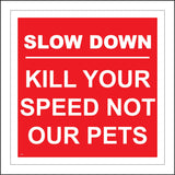 TR239 Slow Down Kill Your Speed Not Our Pets Sign