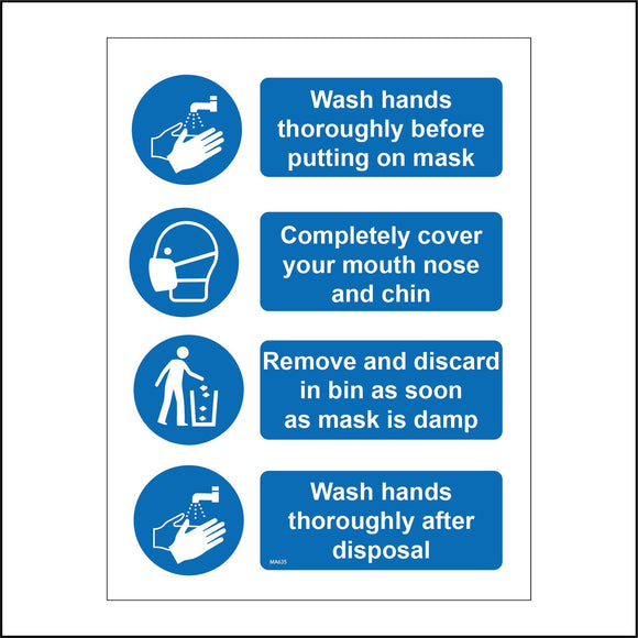 MA635 Wash Hands Throroughly Before Putting On Mask Sign with Hands, Tap, Face, Mask,Bin, Person