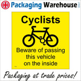 TR287 Cyclists Beware Of Passing This Vehicle OnThe Inside Sign with Bicycle