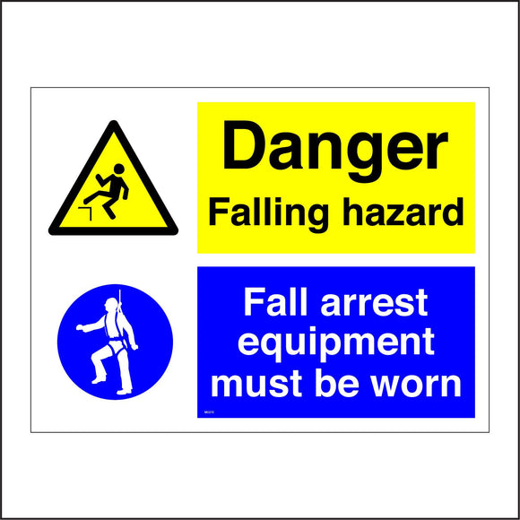 MU215 Danger Falling Hazard Fall Arrest Equipment Must Be Worn Sign with Triangle Circle 2 People Safety Harness