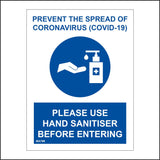 MA766 Prevent The Spread Of Coronavirus Please Use Hand Sanitiser Before Entering Sign with Hand Sanitiser Dispenser