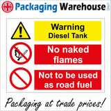 MU190 Warning Diesel Tank No Naked Flames Not To Be Used As Road Fuel Sign with Triangle Exclamation Mark 2 Circles Match