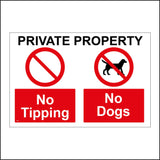 SE067 Private Property No Tipping No Dogs Sign with 2 Circles Diagonal Line Dog