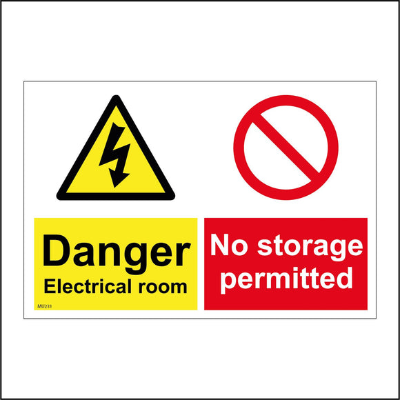 MU231 Danger Electrical Room No Storage Permitted Sign with Lightning Bolt Red Diagonal Line
