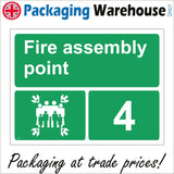 FS204 Fire Assembly Point 4 Sign with Four Arrows Pointing To Group Of People Running