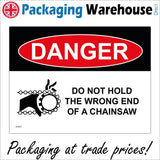 HU047 Danger Do Not Hold The Wrong End Of A Chainsaw Sign with Hand Chain Cogs
